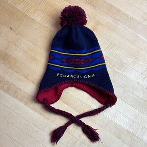 FC Barcelona Chullo Trendy Beanie OS Winter Pom-Poms Knit Earflaps Soccer